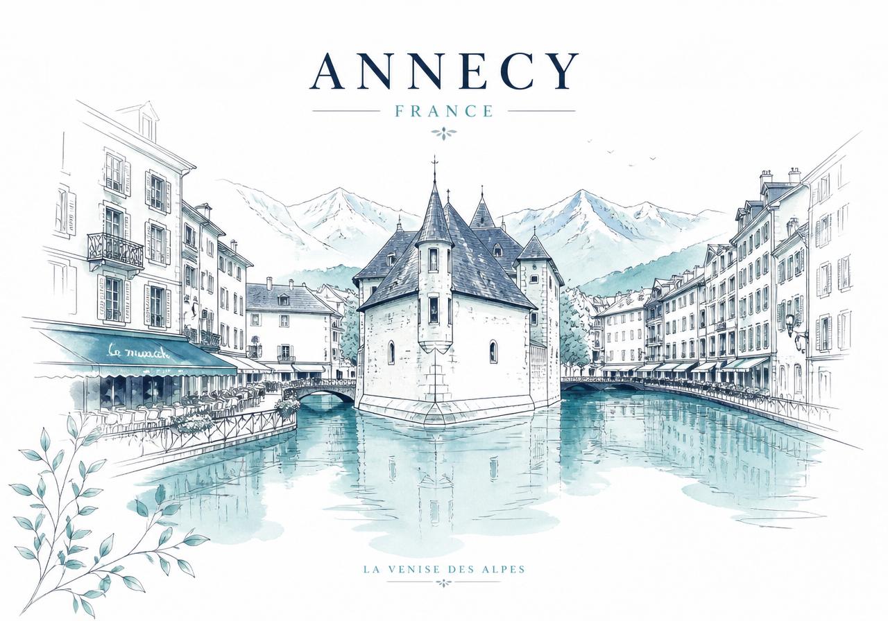 Illustration d'Annecy — Palais de l'Isle et Alpes