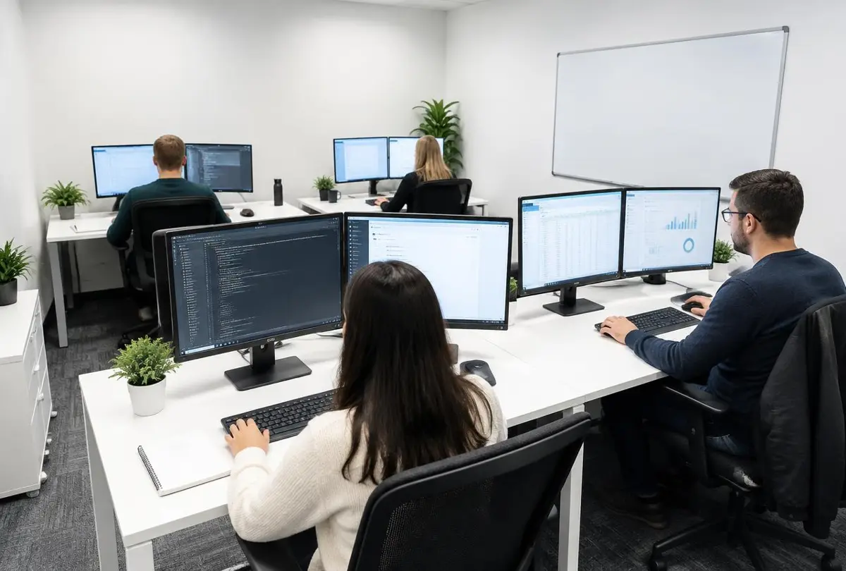 Bureau équipé de plusieurs postes informatiques
